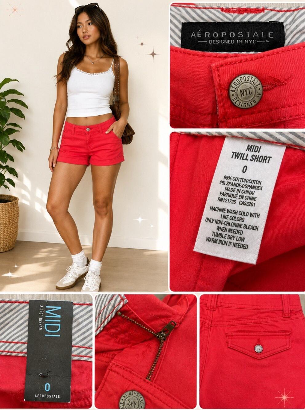 NWT Coastal Beachy Summer Aeropostale Midi Twill Shorts Size 0 Red Cotton Preppy